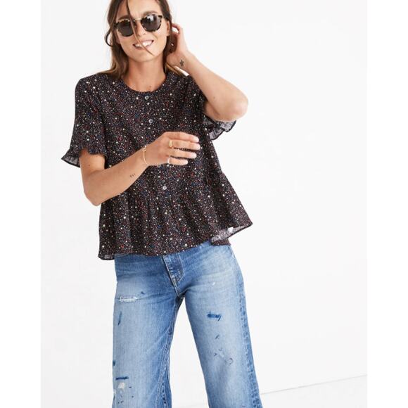 Madewell Studio Ruffle-Hem Top in Starry Night Black Star Print XXS 100% Cotton - Picture 1 of 16